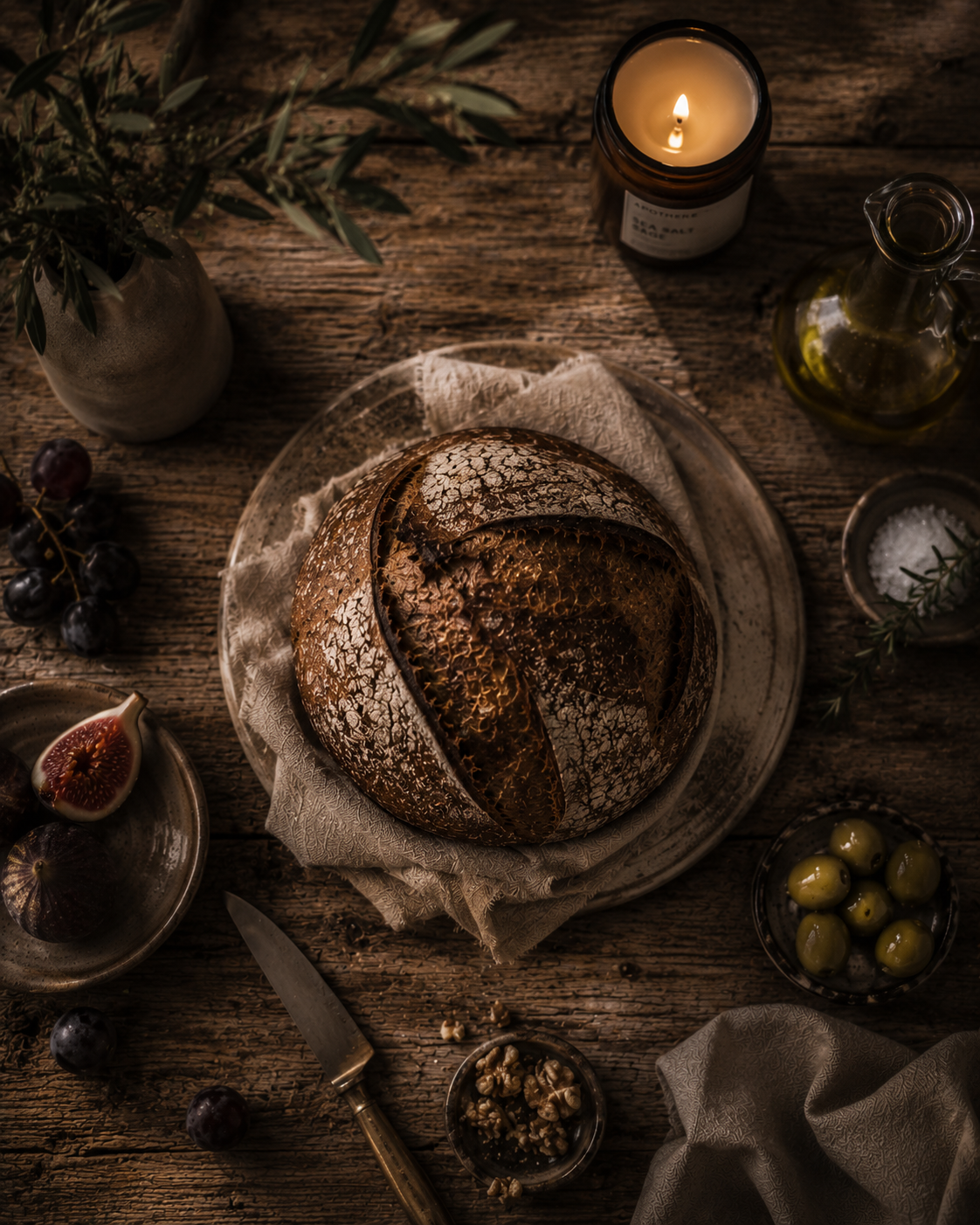 Product Stories — flat lay z pieczywem, oliwkami i orzechami włoskimi