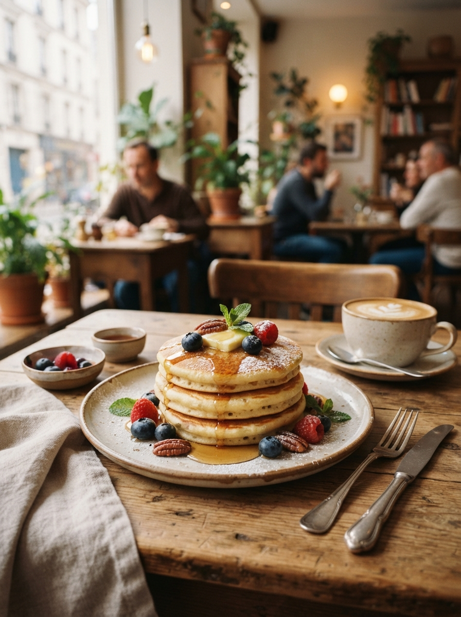 Slow Living — śniadanie w kawiarni, pancakes z owocami