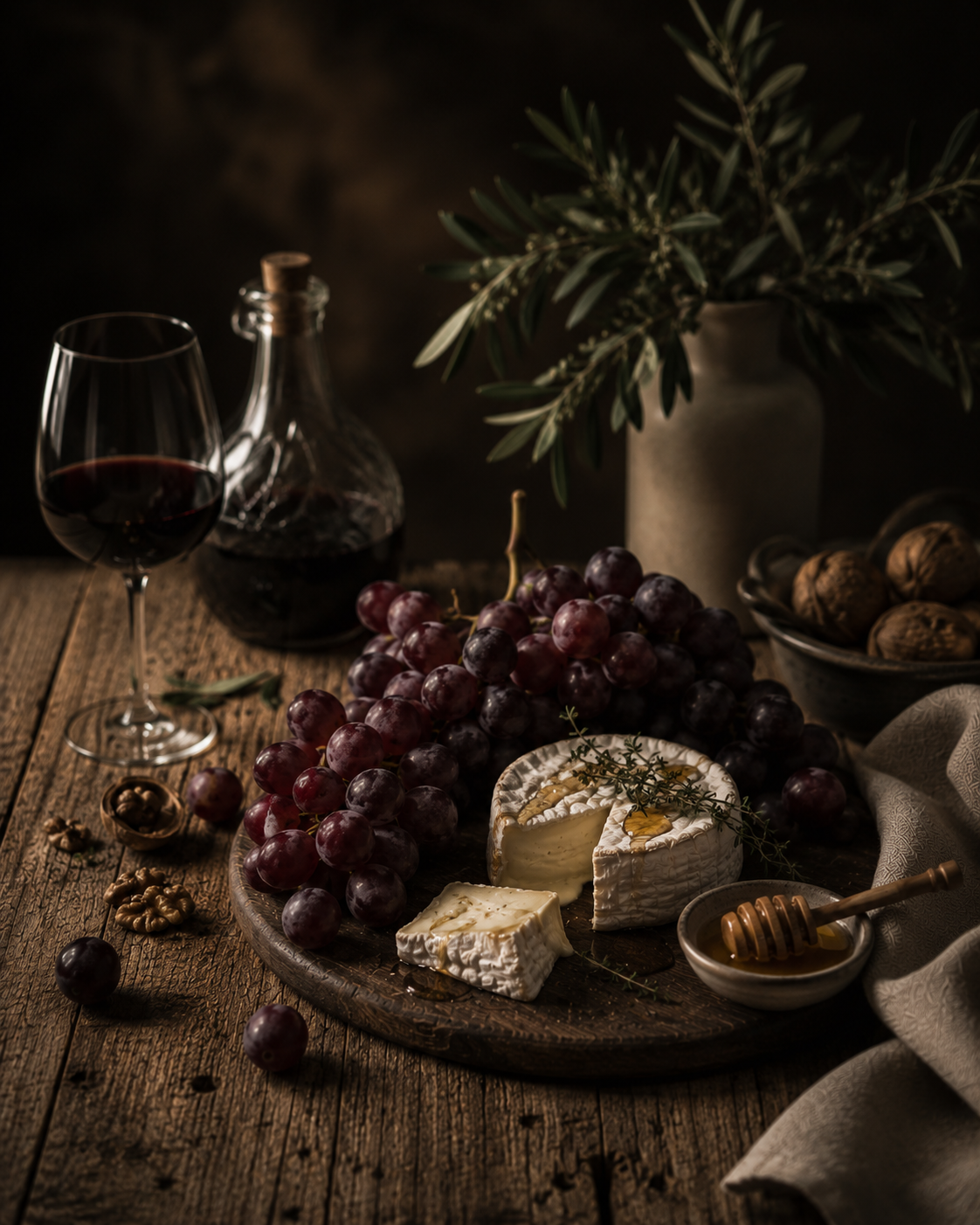 Product Stories — deska serów, winogrona, miód i czerwone wino