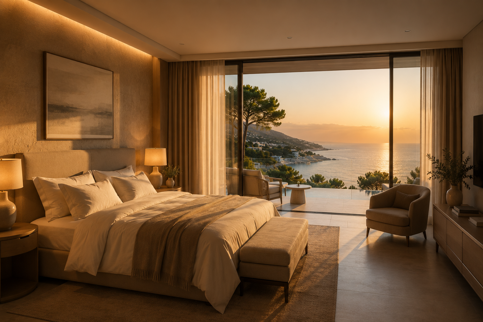 Sypialnia butikowego hotelu z panoramicznym widokiem na morze