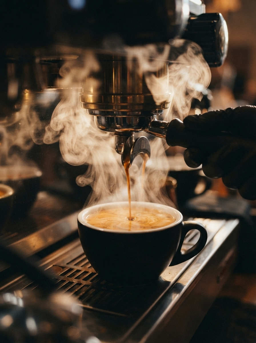 Slow Living — poranna kawa, para nad filiżanką espresso