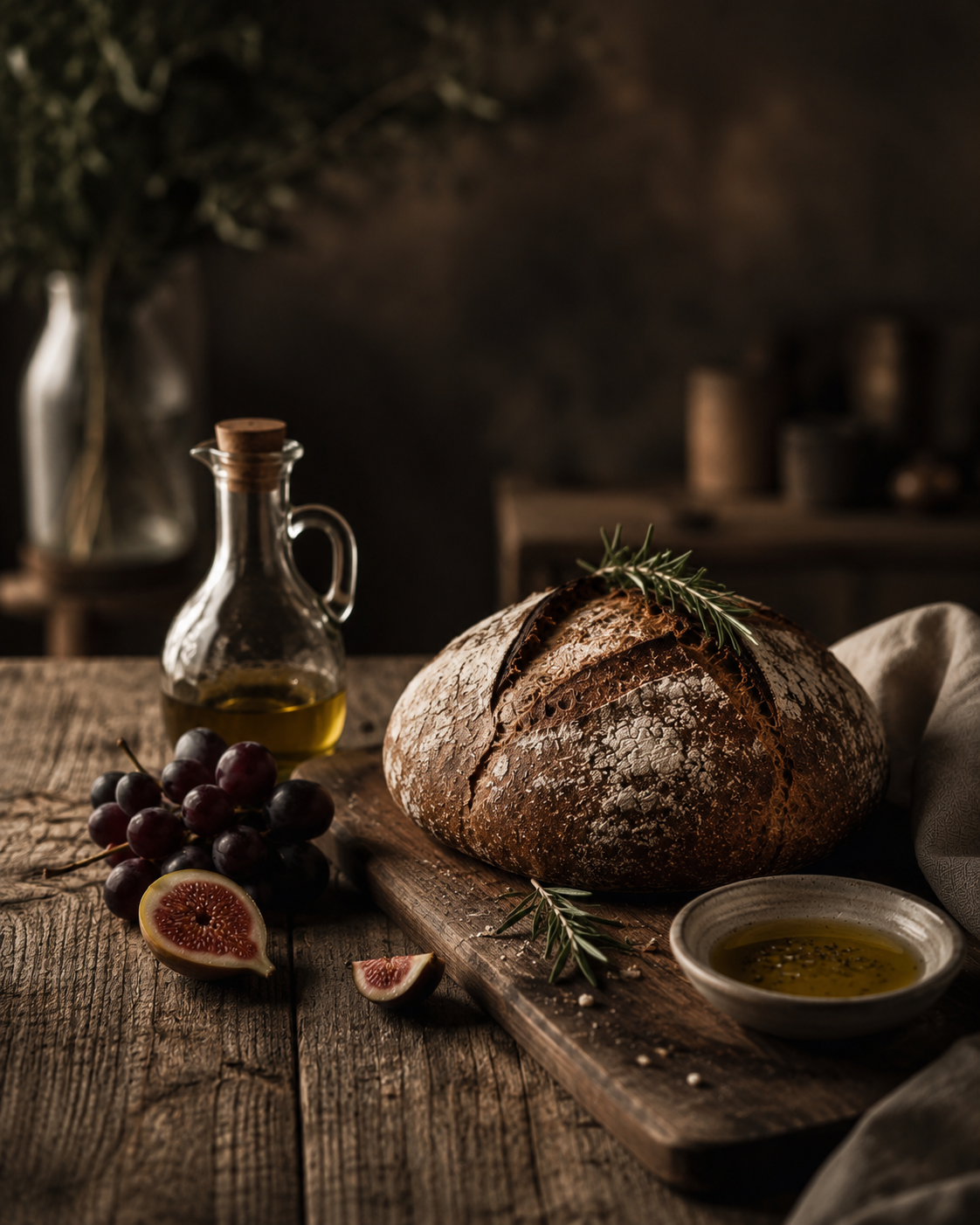 Product Stories — kompozycja kulinarnego wnętrza, świeży chleb, oliwa i figi