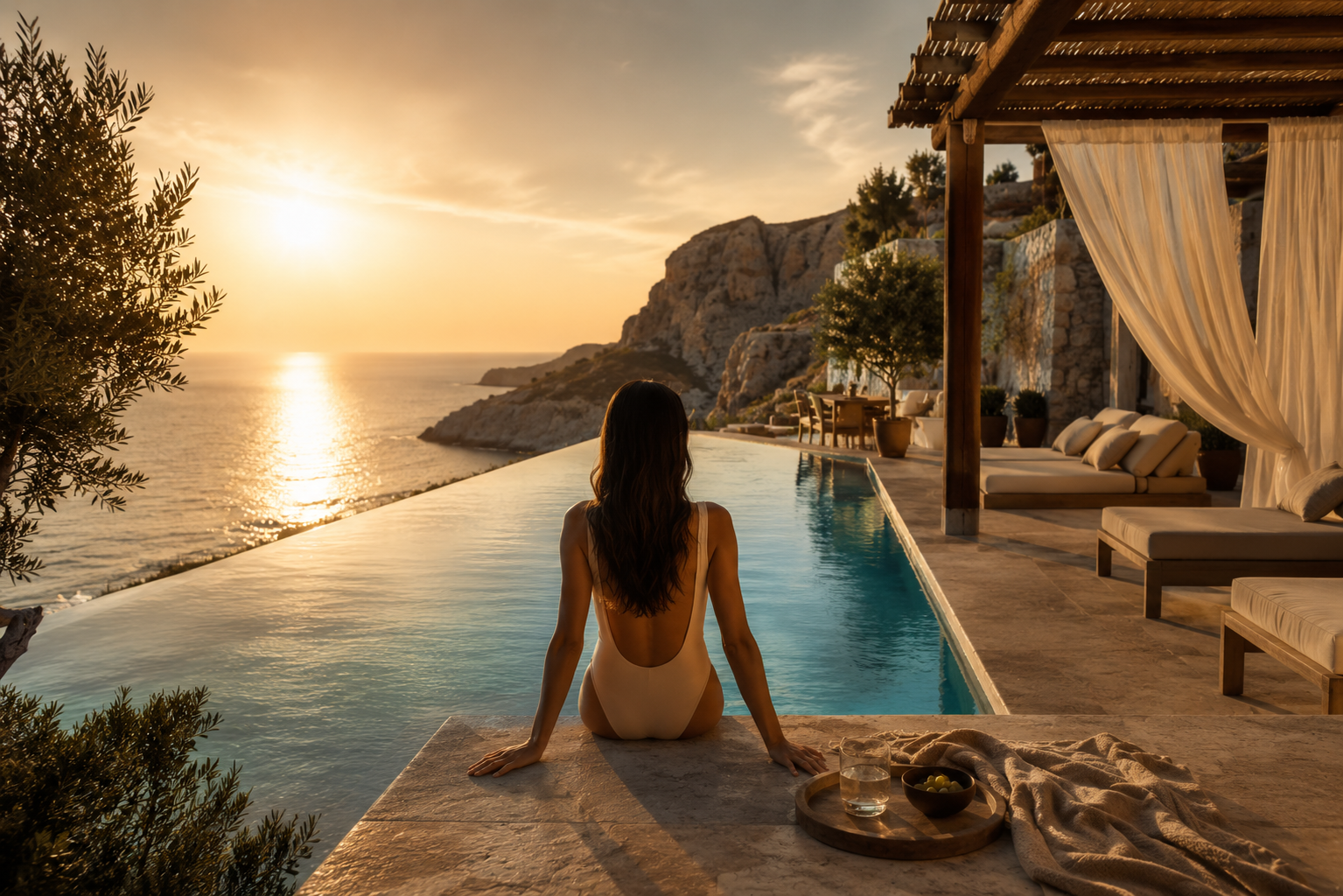 Kobieta przy basenie infinity o zachodzie słońca — resort luksusowy